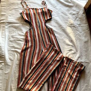 Zara Cut Out Terry Cloth Multicolored Striped Jumpsuit